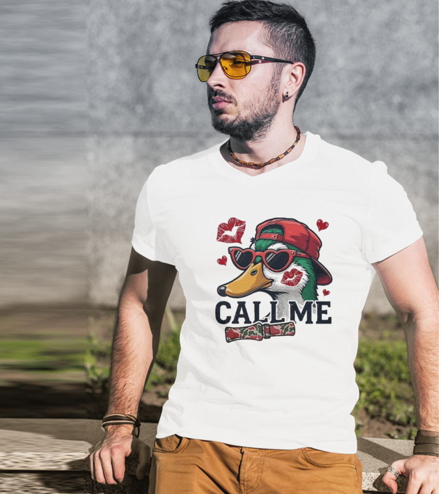 Call Me Valentine Mallard Duck In Sunglasses And Red Cap Surrounded By Hearts And Kisses T-Shirt