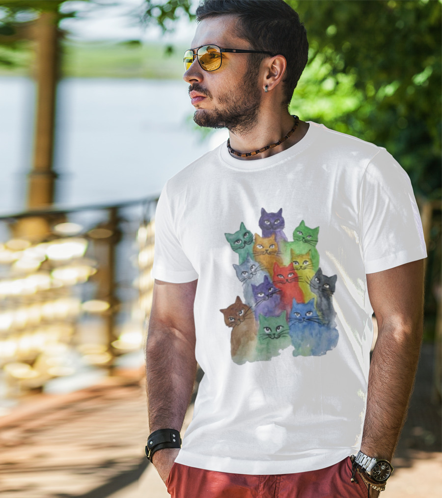 Cats All Around Colorful Watercolor Feline Faces T-Shirt
