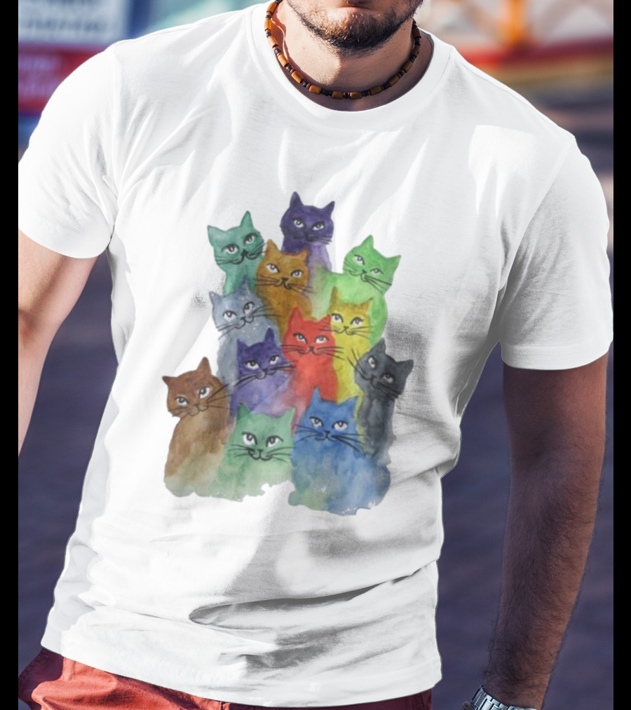 Cats All Around Colorful Watercolor Feline Faces T-Shirt
