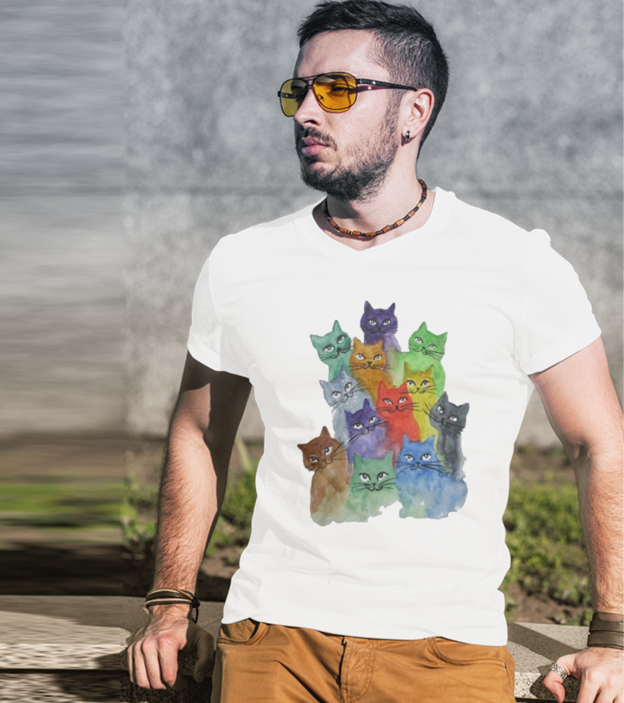 Cats All Around Colorful Watercolor Feline Faces T-Shirt