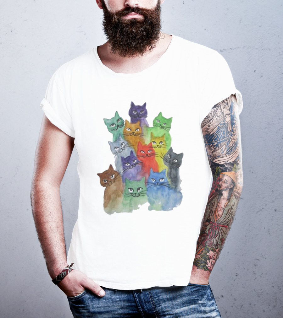 Cats All Around Colorful Watercolor Feline Faces T-Shirt