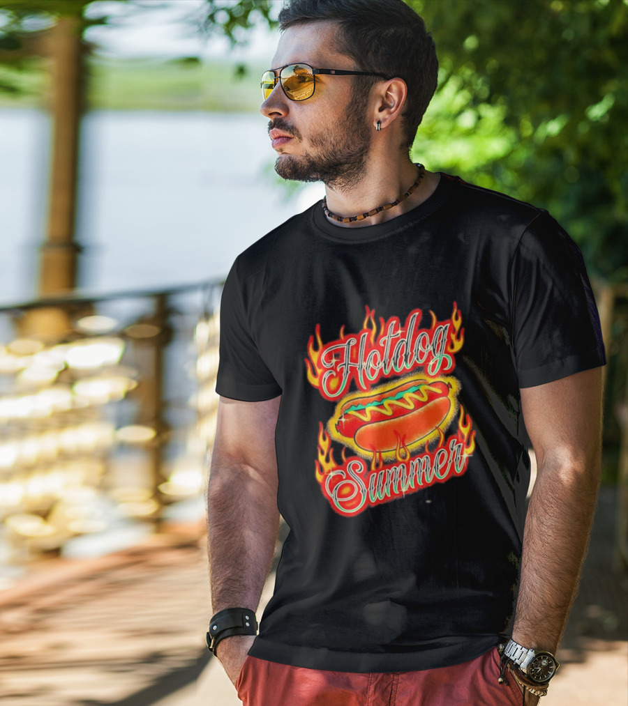 Hotdog Summer Flaming Hotdog Graphic With Fiery Flames T-Shirt