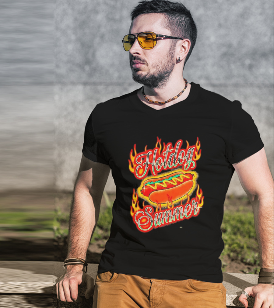 Hotdog Summer Flaming Hotdog Graphic With Fiery Flames T-Shirt