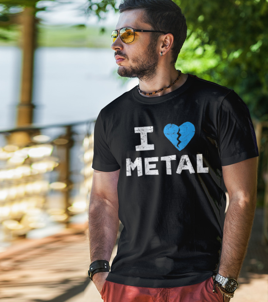 I Love Metal Broken Heart Blue Distressed Text T-Shirt