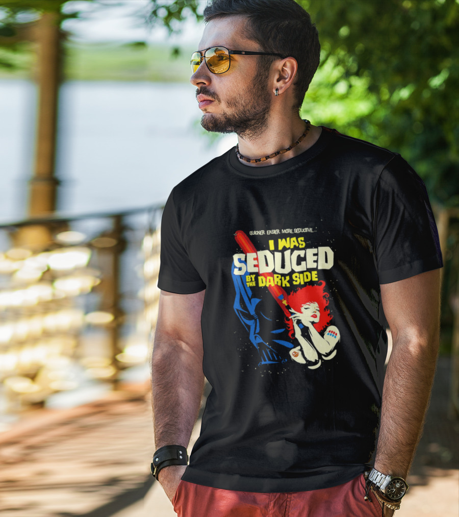 I Was Seduced By The Dark Side Cartoon Darth Vader And Redhead Woman T-Shirt