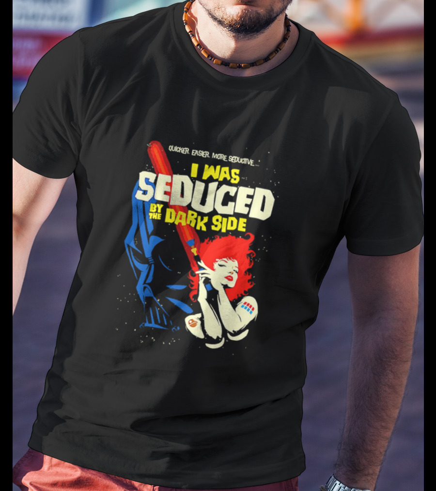 I Was Seduced By The Dark Side Cartoon Darth Vader And Redhead Woman T-Shirt