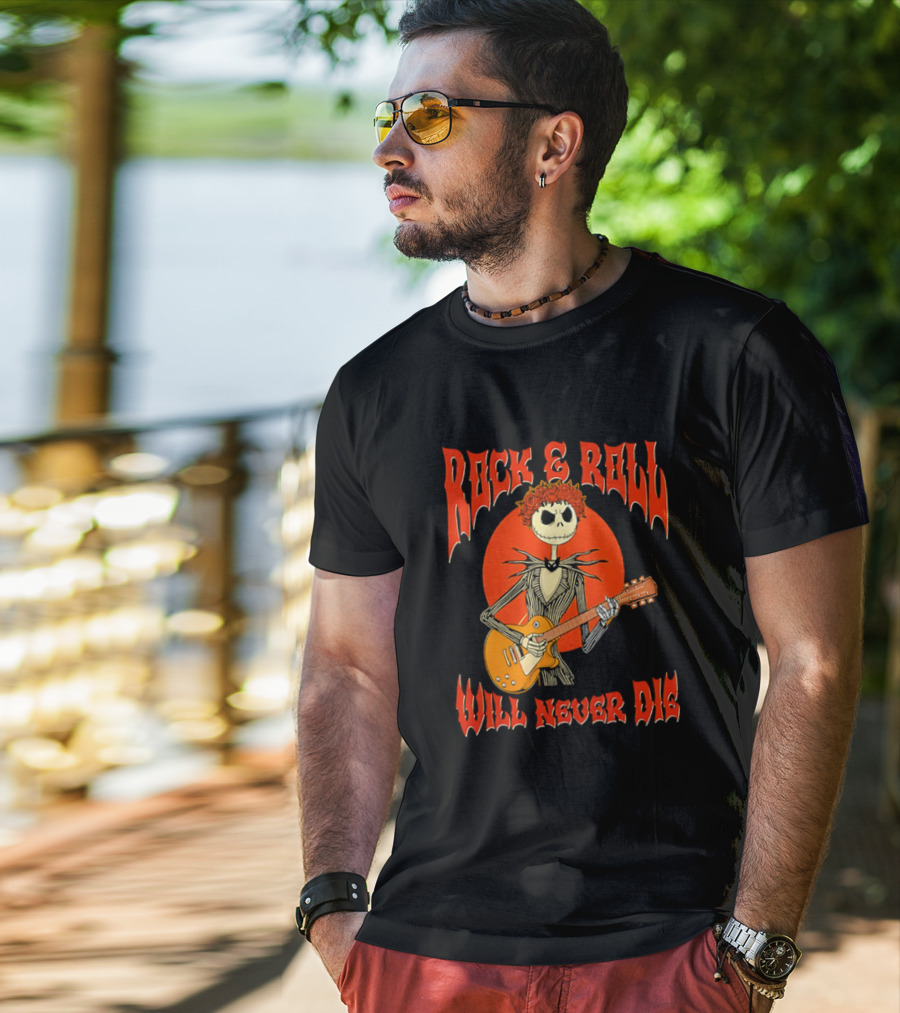 Rock And Roll Will Never Die Jack Skellington Playing Guitar T-Shirt