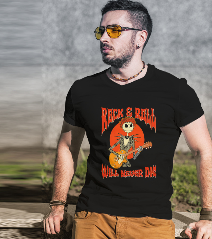 Rock And Roll Will Never Die Jack Skellington Playing Guitar T-Shirt
