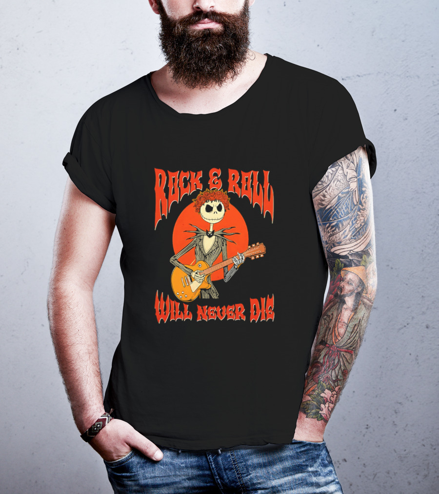 Rock And Roll Will Never Die Jack Skellington Playing Guitar T-Shirt