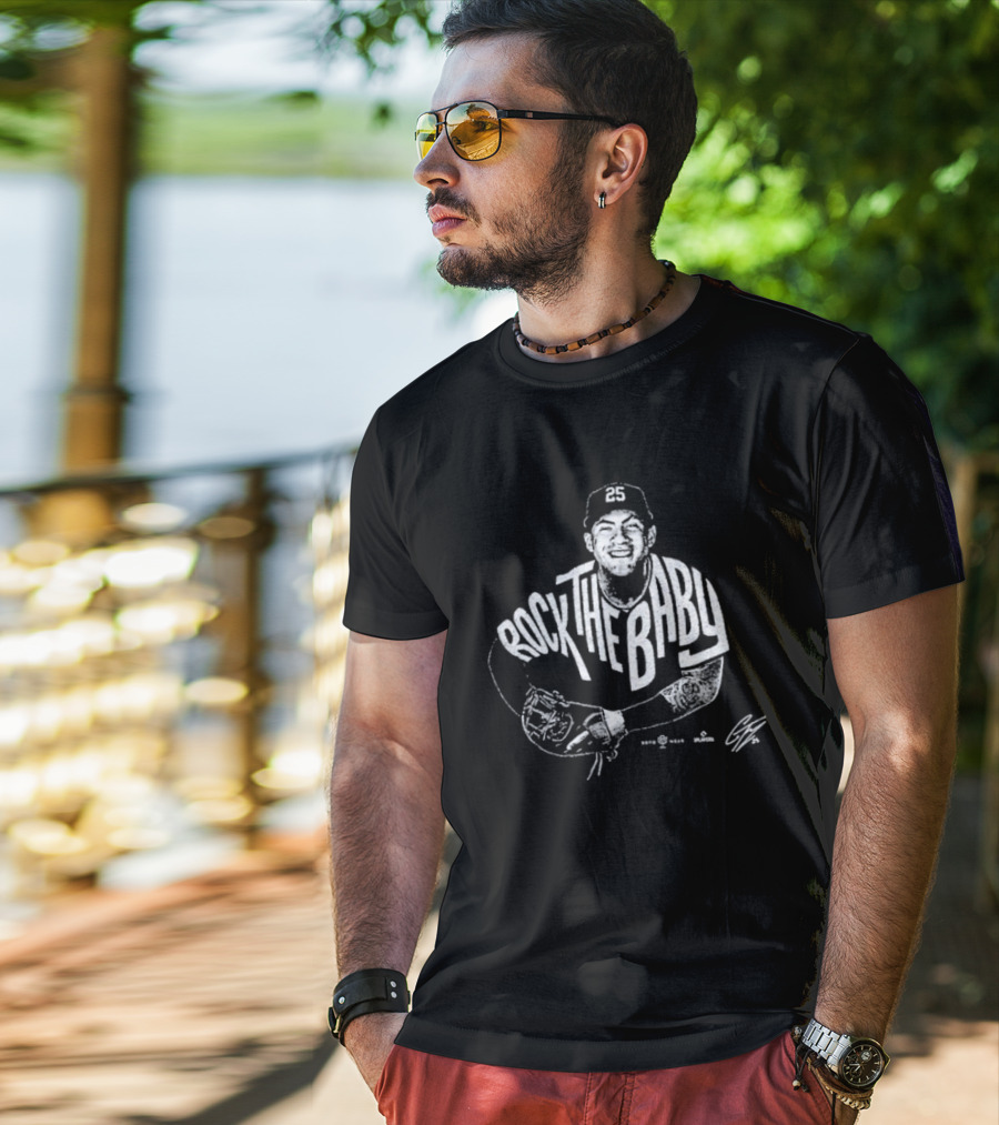 Rock The Baby Josh Naylor Baseball Pose White Outlined Player T-Shirt