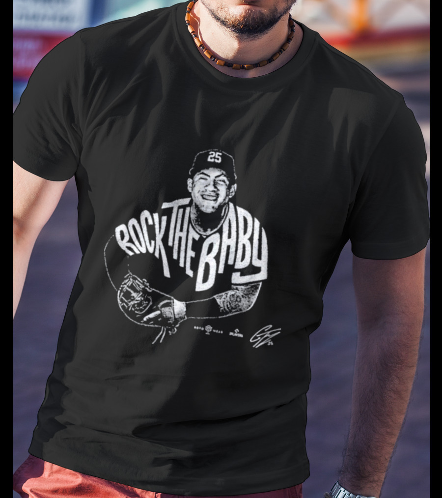 Rock The Baby Josh Naylor Baseball Pose White Outlined Player T-Shirt