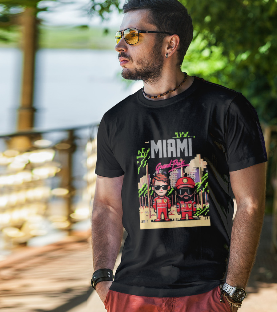 Lewis Hamilton Charles Leclerc Ferrari Team Pixel Style Miami Grand Prix 2025 T-Shirt