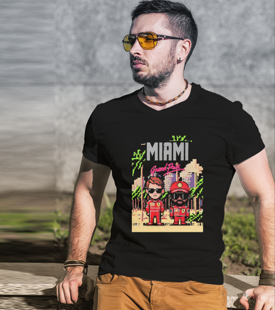 Lewis Hamilton Charles Leclerc Ferrari Team Pixel Style Miami Grand Prix 2025 T-Shirt