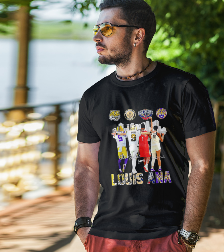 Louisiana Sports Teams 2025 Signatures Skyline Drew Brees Tiger Saint Pelican LSU T-Shirt