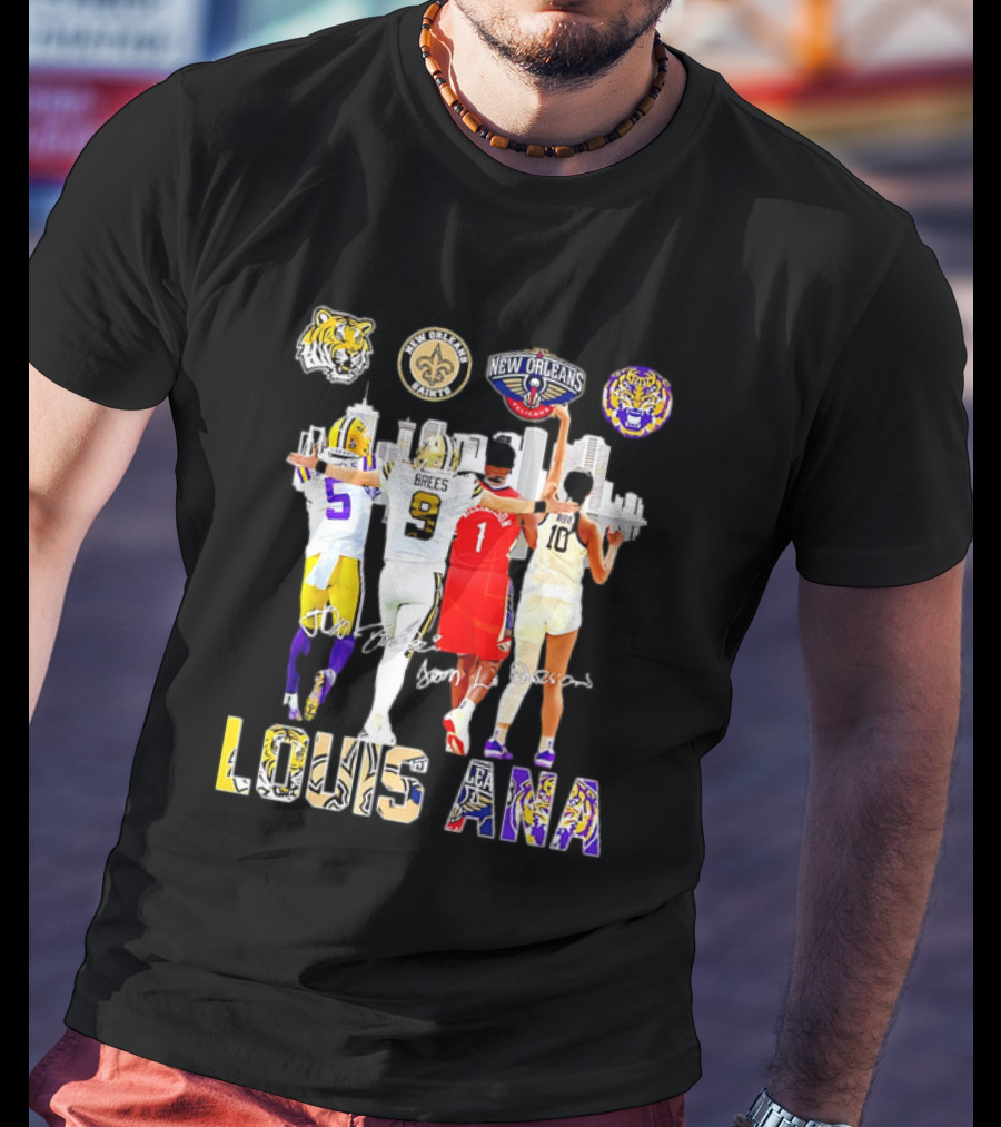 Louisiana Sports Teams 2025 Signatures Skyline Drew Brees Tiger Saint Pelican LSU T-Shirt