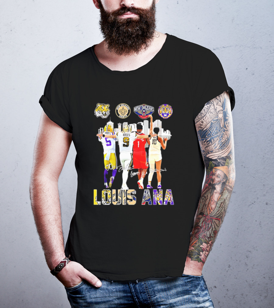 Louisiana Sports Teams 2025 Signatures Skyline Drew Brees Tiger Saint Pelican LSU T-Shirt