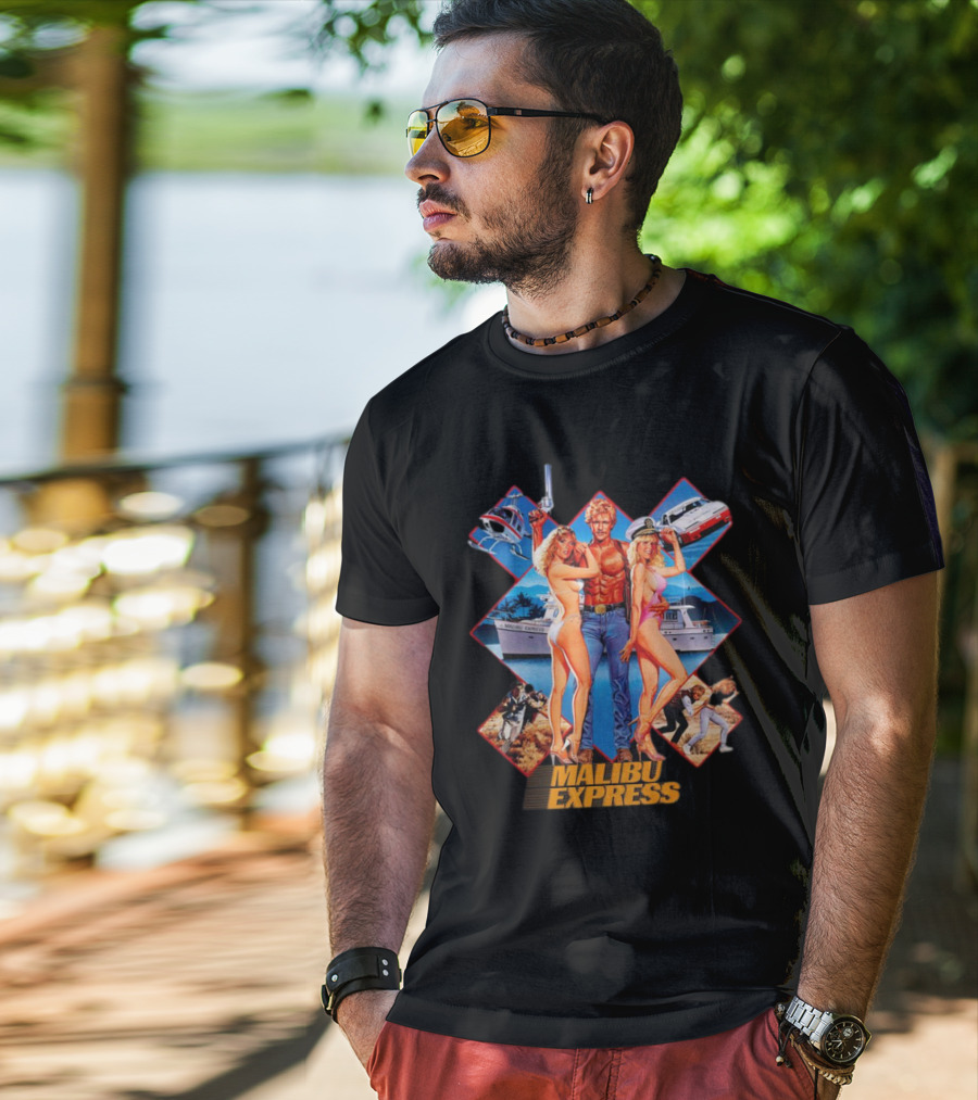Malibu Express Action Movie 1985 Art With Yacht And Helicopter T-Shirt
