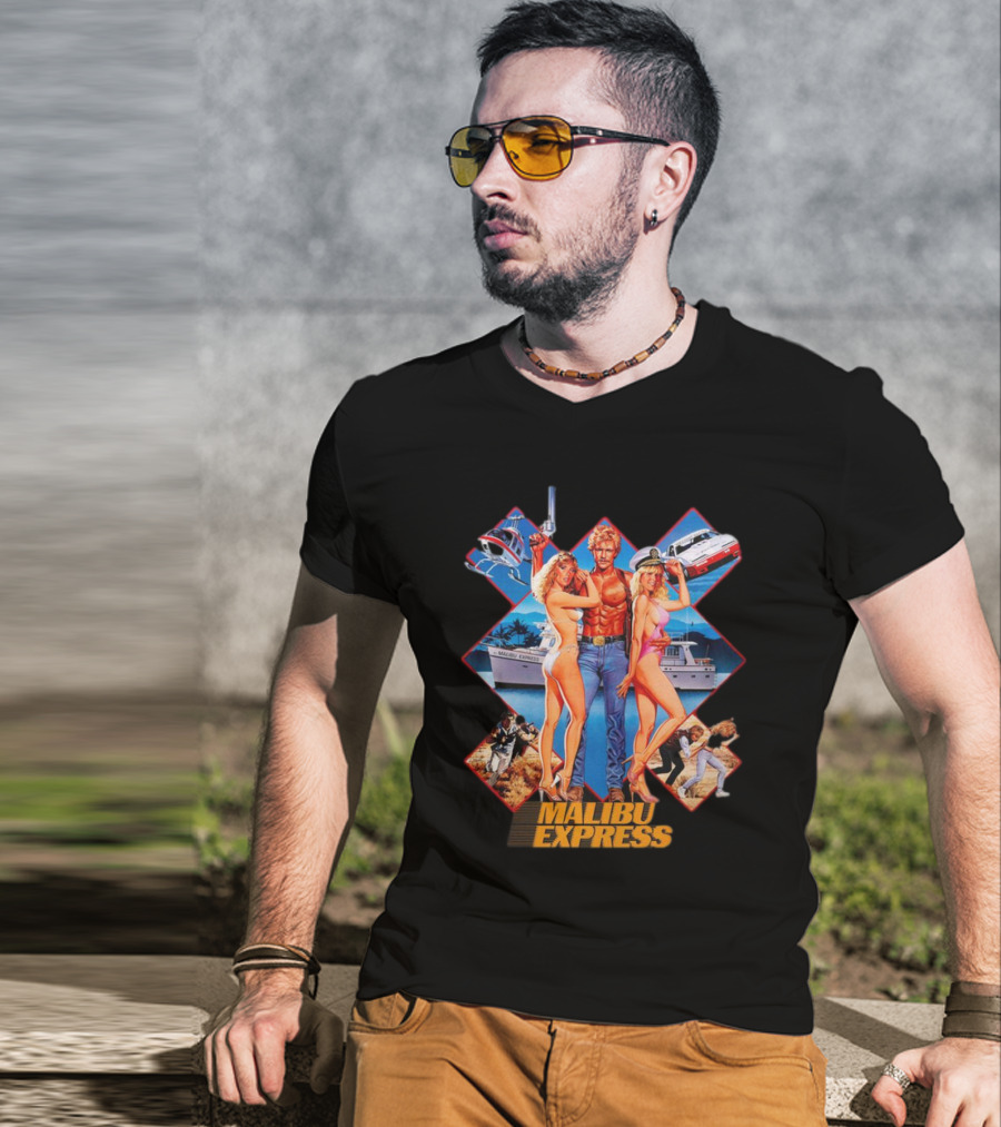 Malibu Express Action Movie 1985 Art With Yacht And Helicopter T-Shirt