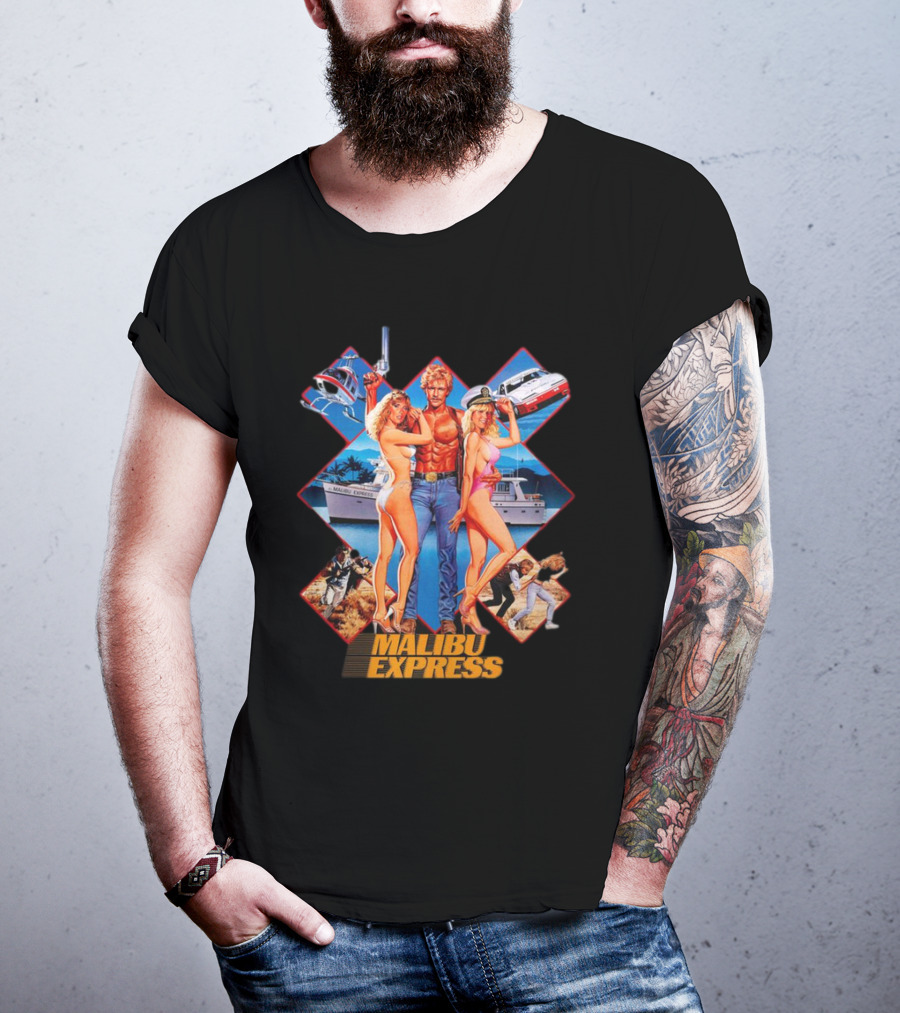 Malibu Express Action Movie 1985 Art With Yacht And Helicopter T-Shirt