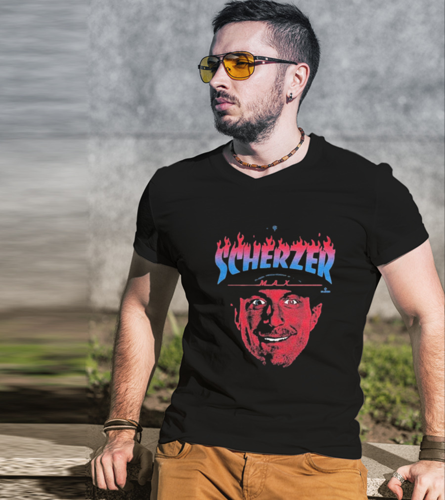 Max Scherzer Flames Face Blue And Red Illustration T-Shirt