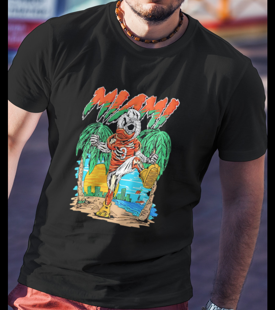 Miami Hurricanes Sebastian The Ibis Palm Trees Cityscape Sunrise T-Shirt