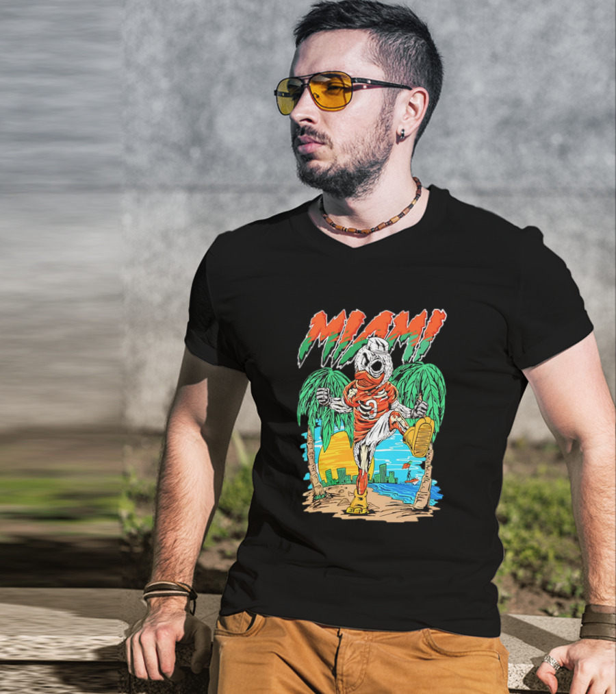 Miami Hurricanes Sebastian The Ibis Palm Trees Cityscape Sunrise T-Shirt