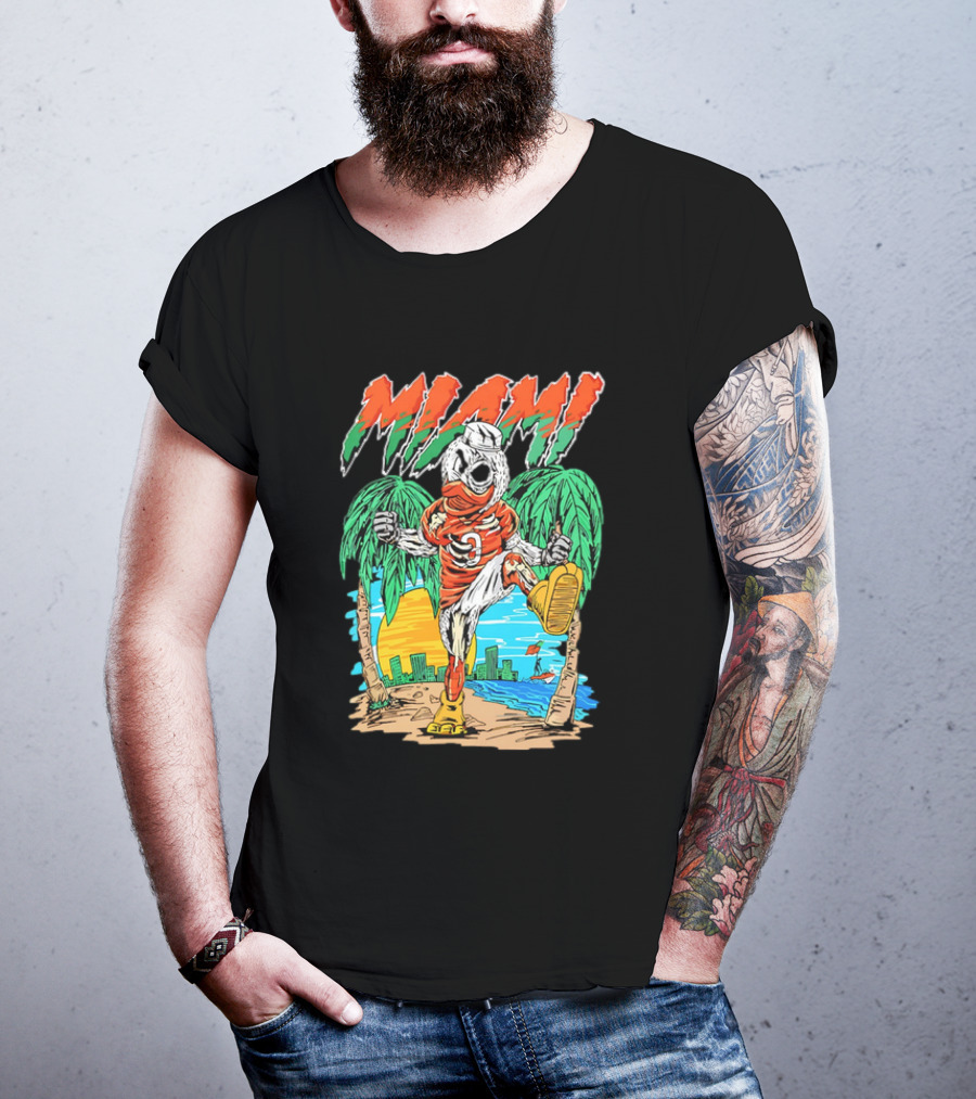 Miami Hurricanes Sebastian The Ibis Palm Trees Cityscape Sunrise T-Shirt