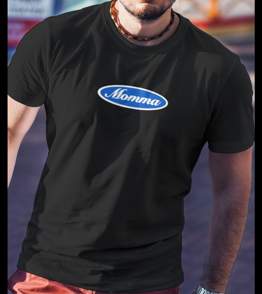 Momma Blue Oval White Script Text T-Shirt