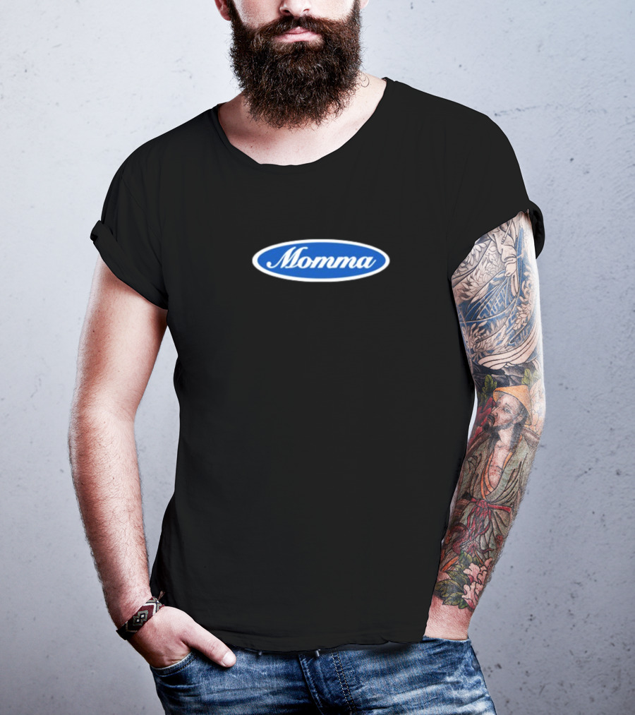 Momma Blue Oval White Script Text T-Shirt