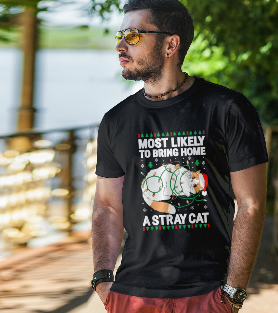 Most Likely To Bring Home A Stray Cat Christmas Lights Santa Hat Festive Holiday Cat T-Shirt