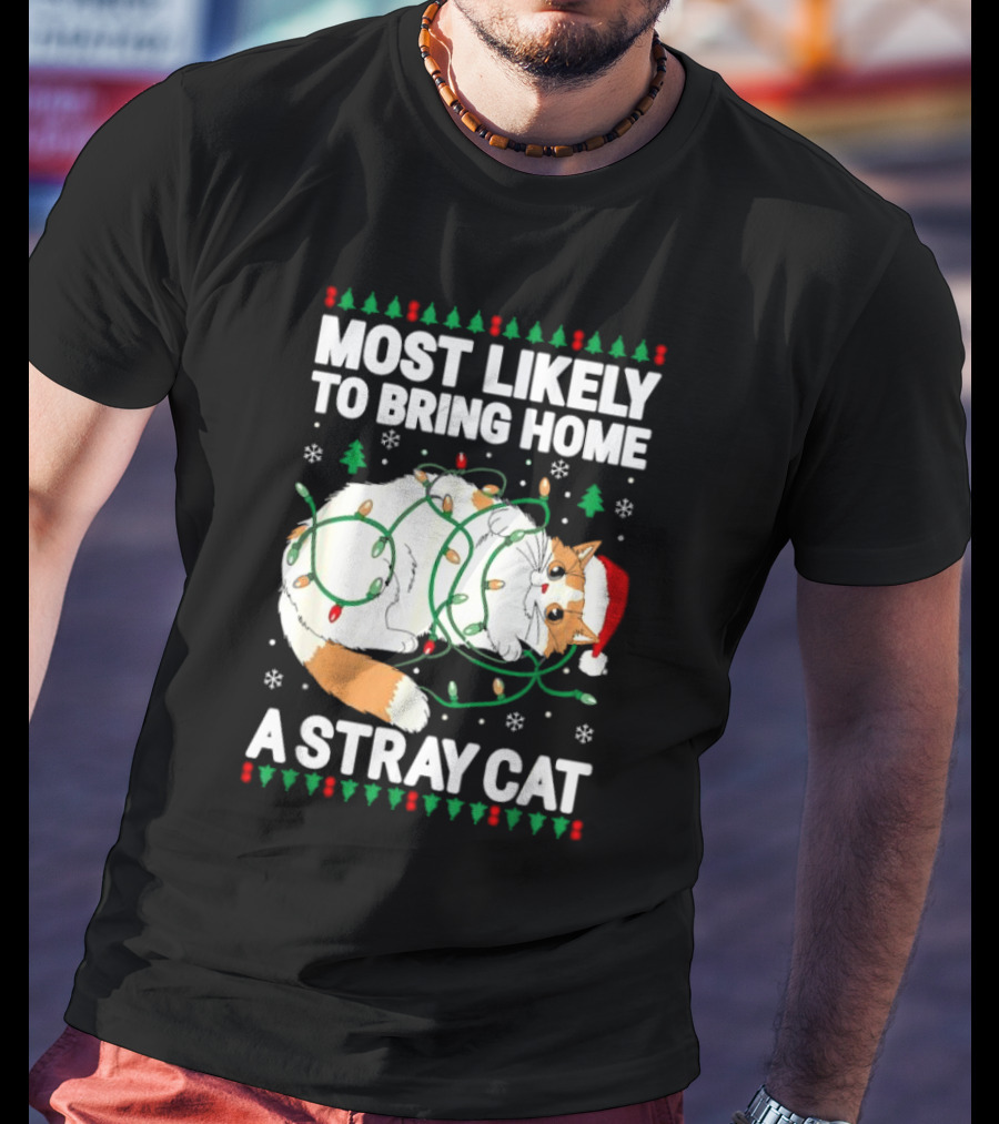 Most Likely To Bring Home A Stray Cat Christmas Lights Santa Hat Festive Holiday Cat T-Shirt