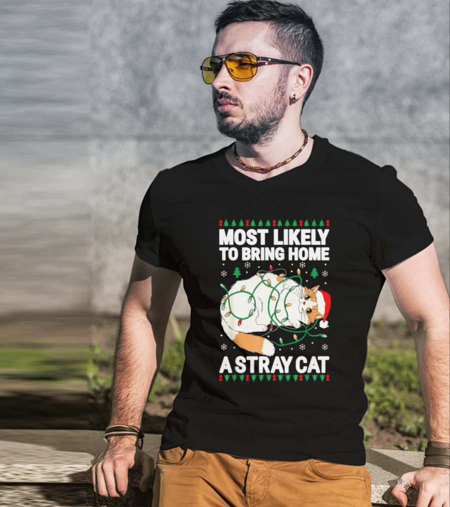 Most Likely To Bring Home A Stray Cat Christmas Lights Santa Hat Festive Holiday Cat T-Shirt