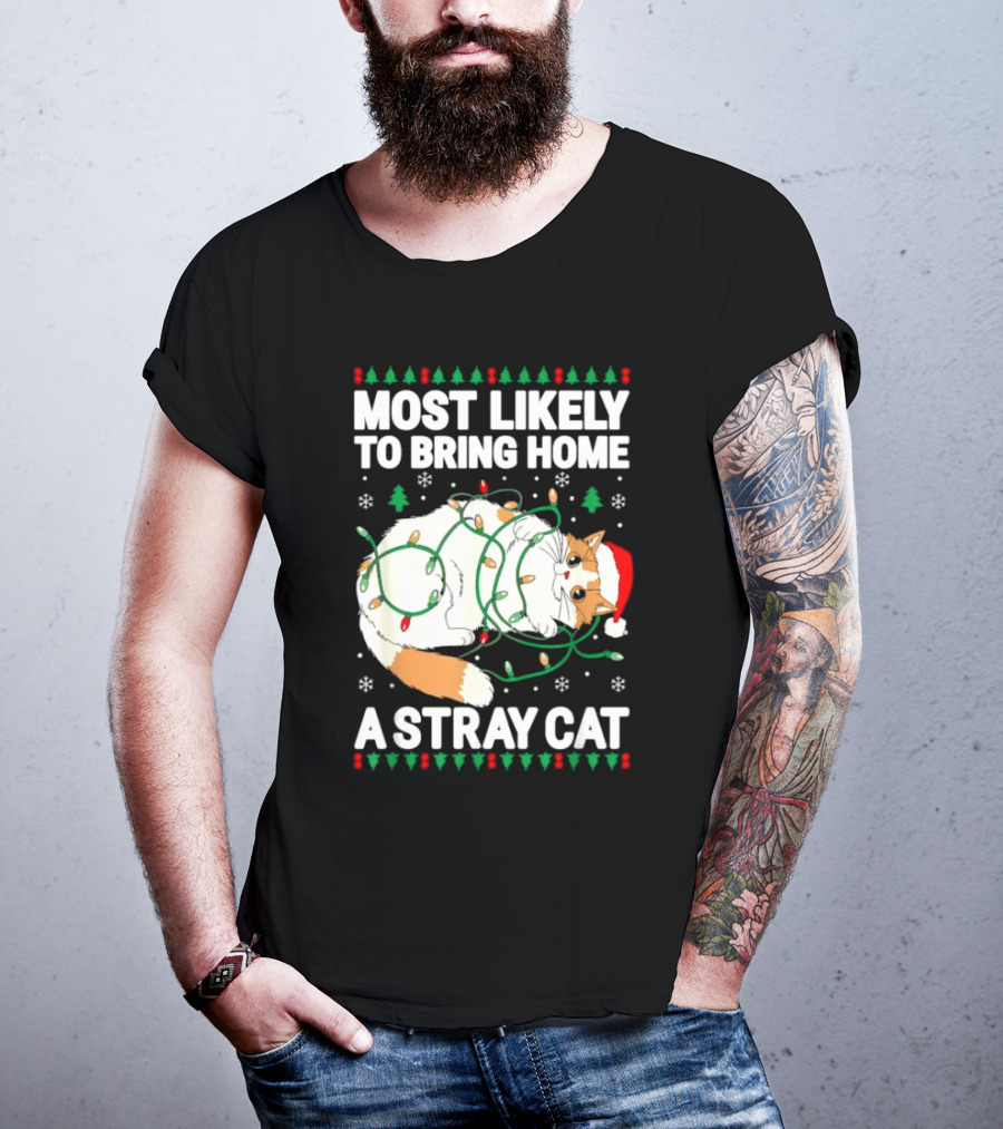 Most Likely To Bring Home A Stray Cat Christmas Lights Santa Hat Festive Holiday Cat T-Shirt
