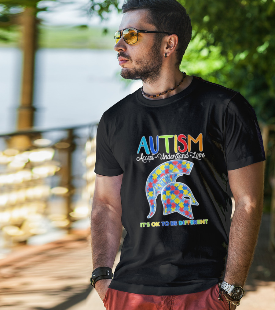 Autism Accept Understand Love It's OK To Be Different Puzzle Pattern Spartan Helmet T-Shirt