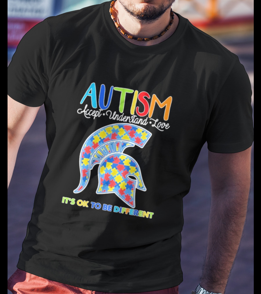 Autism Accept Understand Love It's OK To Be Different Puzzle Pattern Spartan Helmet T-Shirt