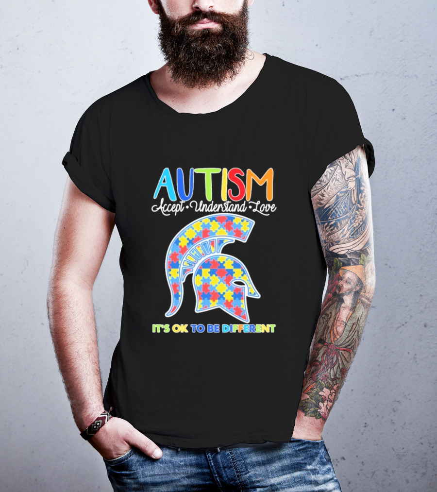 Autism Accept Understand Love It's OK To Be Different Puzzle Pattern Spartan Helmet T-Shirt