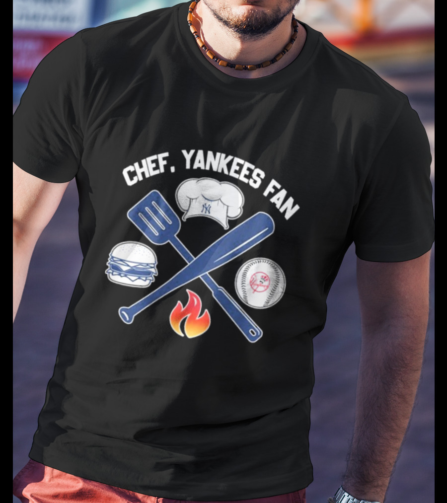 Chef Yankees Fan Hamburgers BBQ Baseball Cap Crossed Spatula Bat Fire Icon T-Shirt