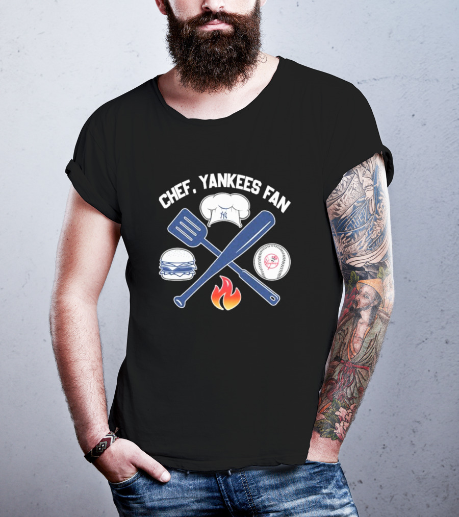 Chef Yankees Fan Hamburgers BBQ Baseball Cap Crossed Spatula Bat Fire Icon T-Shirt