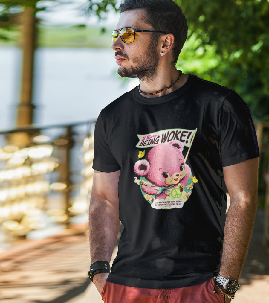 I Love Being Woke Cute Pink Bear Peace Symbol Butterflies T-Shirt
