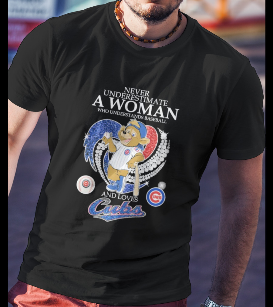 Never Underestimate A Woman Who Understands Baseball And Loves Cubs Chicago Mascot Clark Diamond Heart T-Shirt