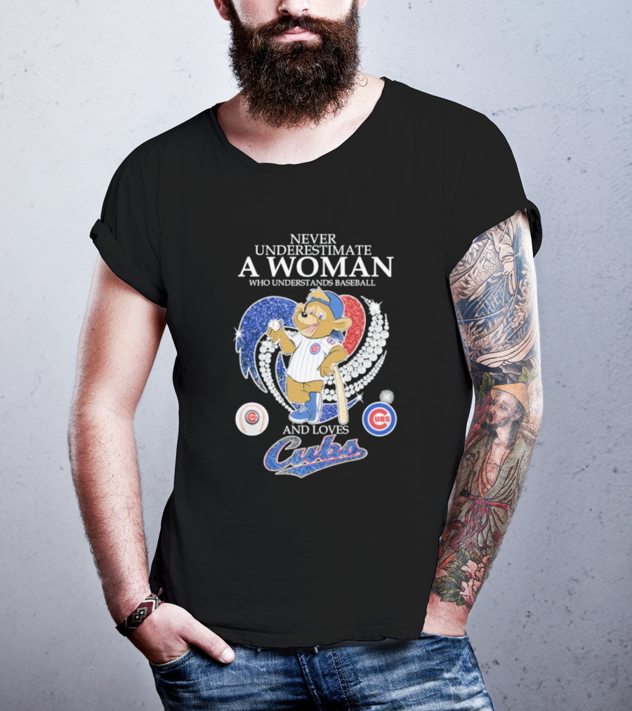 Never Underestimate A Woman Who Understands Baseball And Loves Cubs Chicago Mascot Clark Diamond Heart T-Shirt