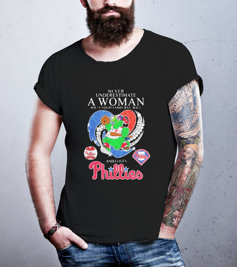 Never Underestimate A Woman Who Understands Baseball And Loves Phillies Mascot Diamond Heart T-Shirt