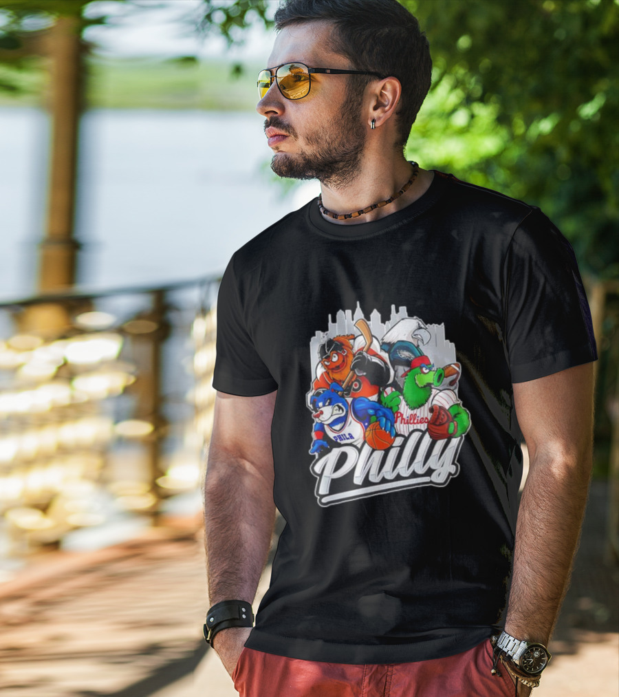 Philly Sports Mascots Basketball Baseball Hockey City Skyline T-Shirt