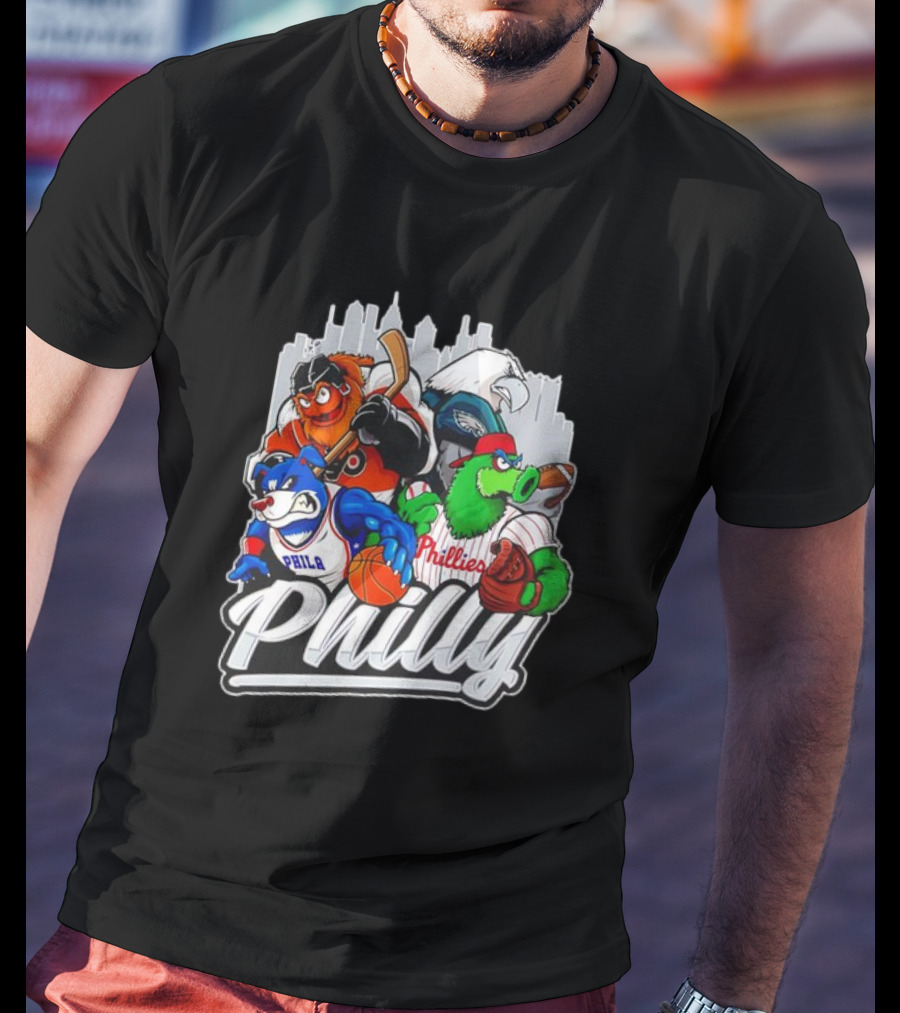 Philly Sports Mascots Basketball Baseball Hockey City Skyline T-Shirt