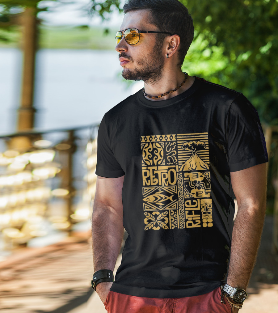 Retro Rifle Lei Em Down Pacific Island Tiki Volcano Palm Tree Ocean Waves Design T-Shirt