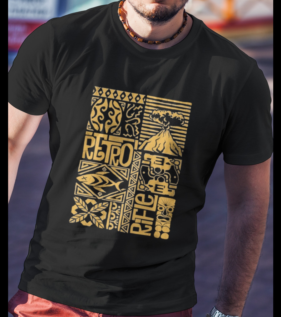 Retro Rifle Lei Em Down Pacific Island Tiki Volcano Palm Tree Ocean Waves Design T-Shirt