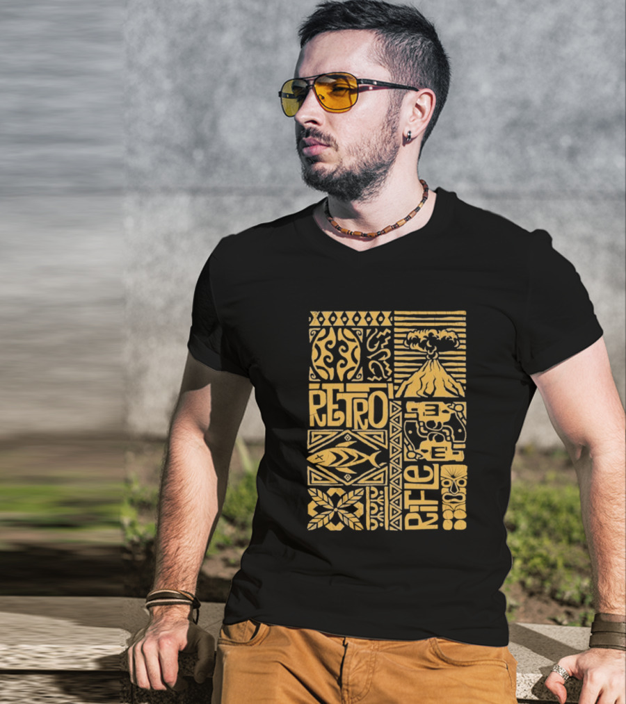Retro Rifle Lei Em Down Pacific Island Tiki Volcano Palm Tree Ocean Waves Design T-Shirt