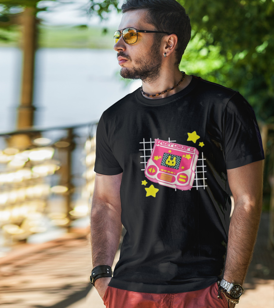 RetroWare Handheld Pink Star Arcade Pixel Bunny Game Typography T-Shirt