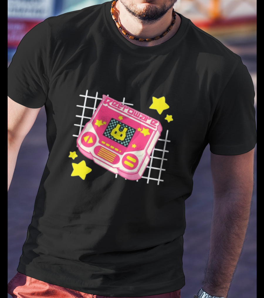 RetroWare Handheld Pink Star Arcade Pixel Bunny Game Typography T-Shirt