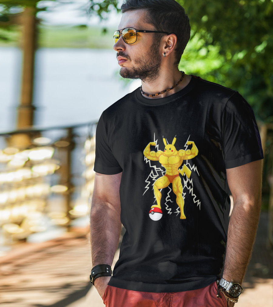 Muscled Pikachu Pumpachu With Lightning And Poké Ball T-Shirt